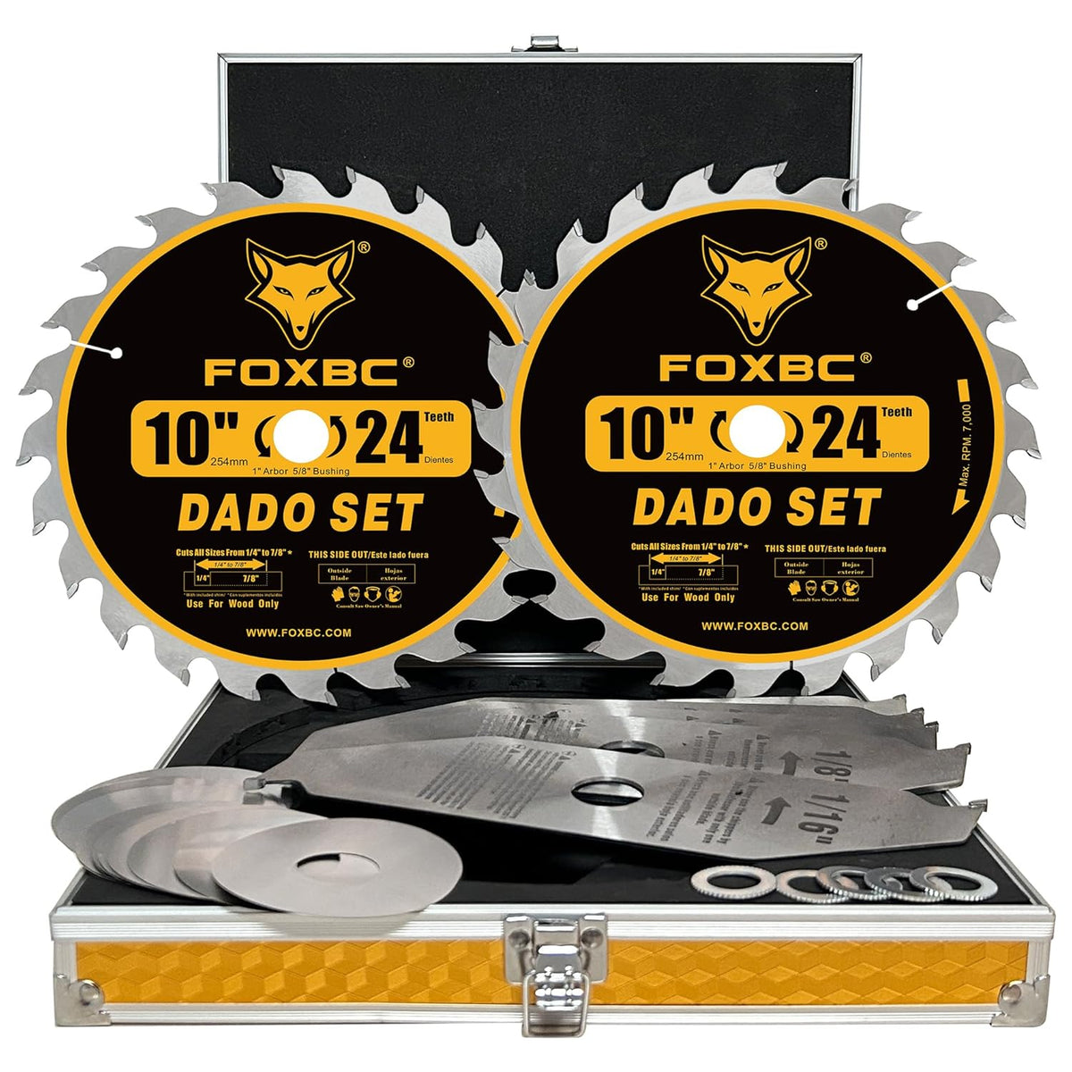FOXBC 10" Stacking Dado Blade Set, ATB/FT, 1 inch Arbor with 5/8" Bushing, 27 Pieces