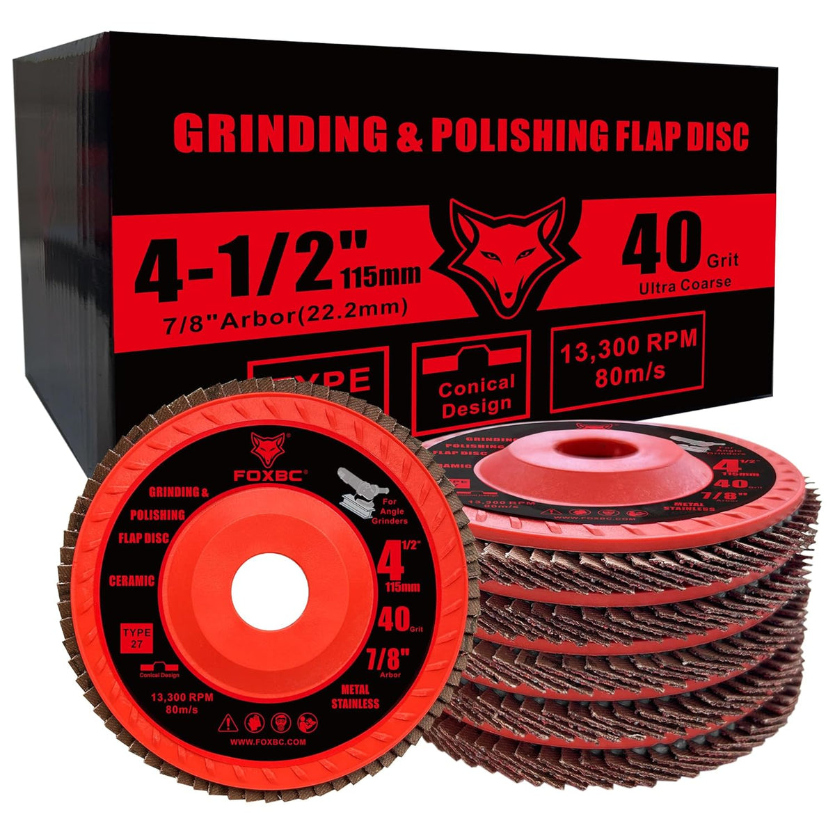 FOXBC 4-1/2 inch Ceramic Flap Disc for Angle Grinder with Speed HUB, 40 Grit, Type 27, Grinding and Polishing for Metal, 5 Pack