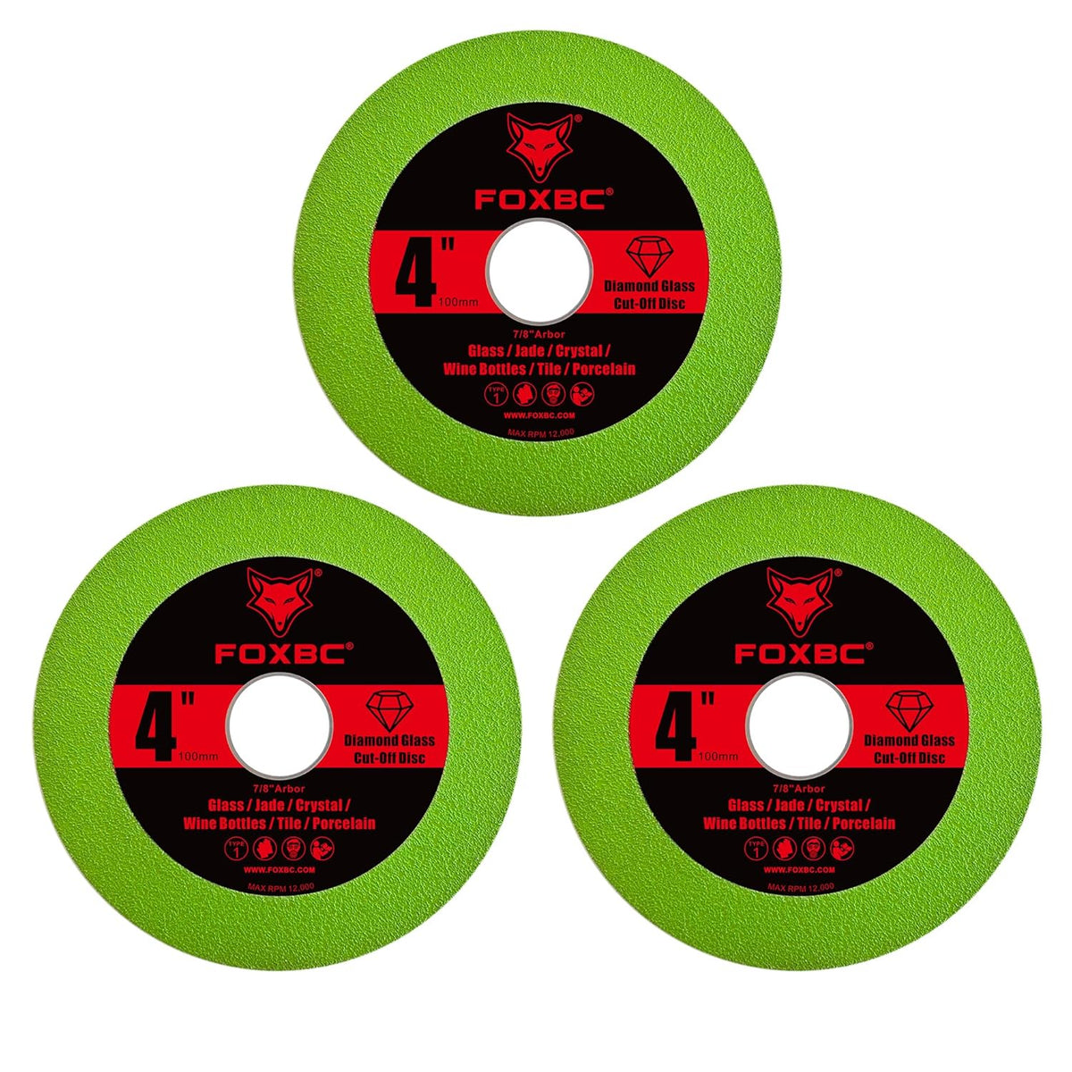 FOXBC Glass Cutting Disc 4 Inch for Angle Grinders, Diamond Saw Blades Wheel Multi-Material for Grinding Ceramic, Crystal, Tile, Wine Bottle, 7/8" Arbor - 3 Pack