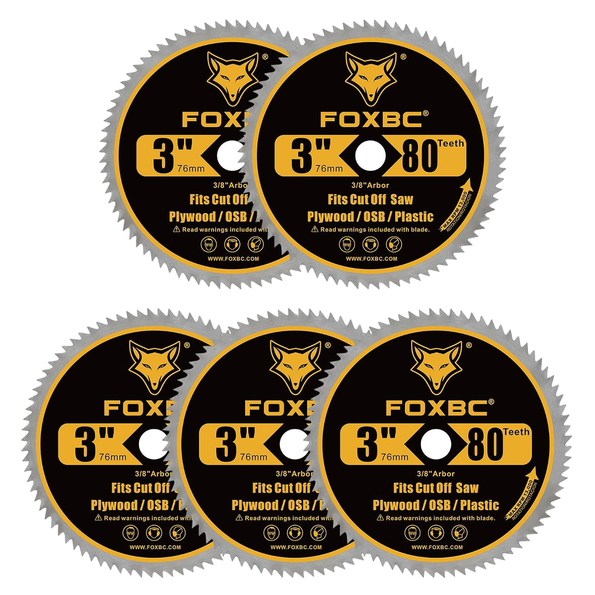 FOXBC 3 Inch 80T Circular Saw Blade Cutting for Plywood, OSB, Veneer, Plastic with 3/8" Arbor - 5 Pack