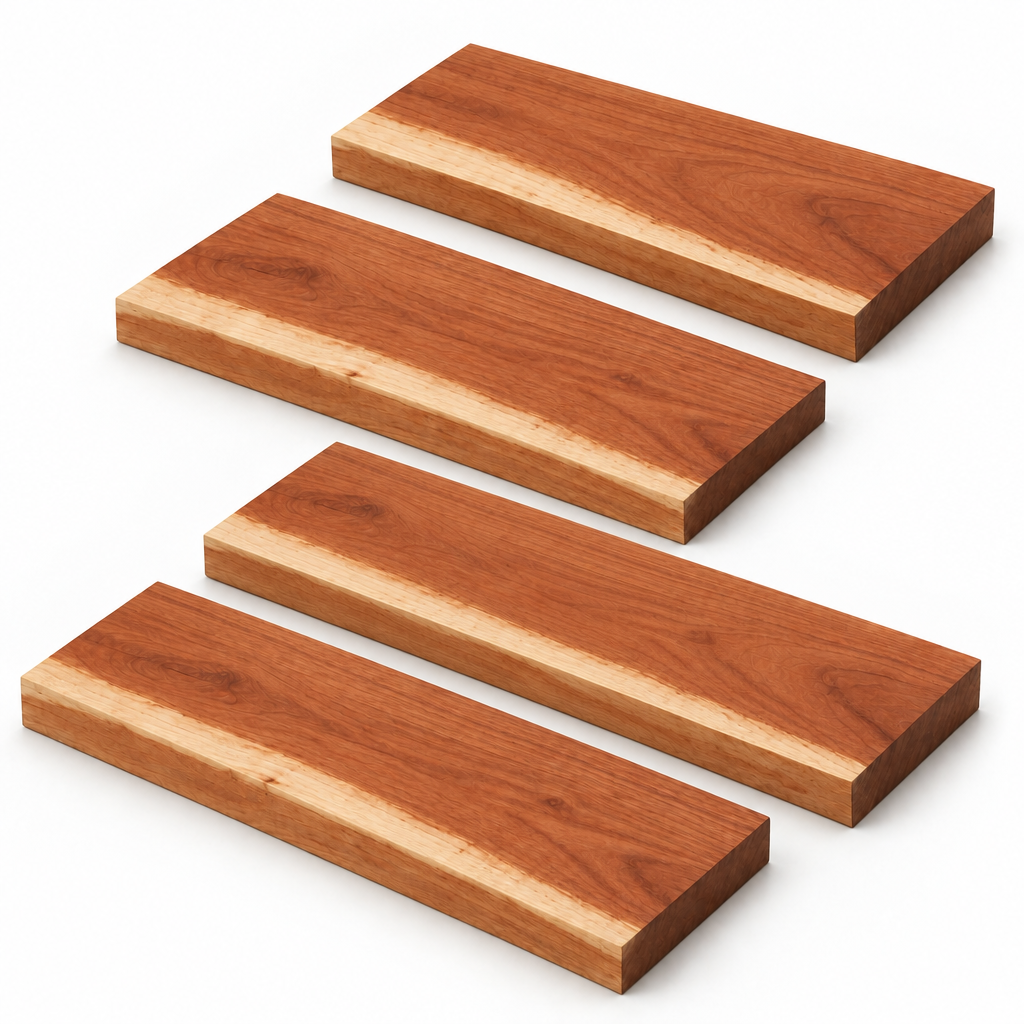 Four cherry boards with pale sapwood edges on a white background