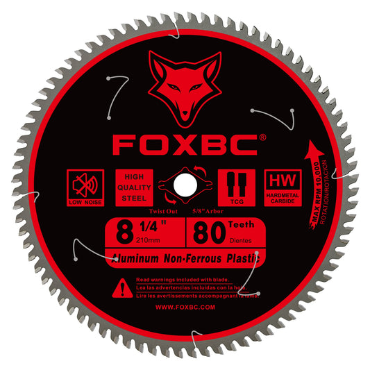 FOXBC 8-1/4 Inch Table Saw Blade 80-Tooth for Aluminum Copper Plastic Brass Fiberglass Cutting with 5/8-Inch Arbor