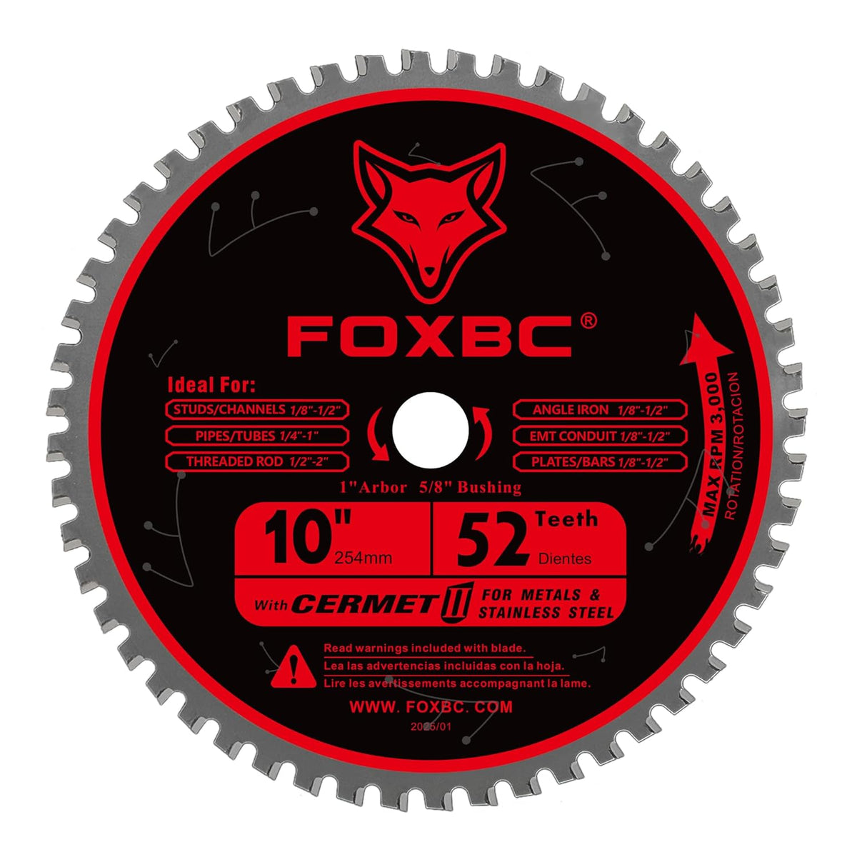 FOXBC 10 Inch Metal Steel Cutting Saw Blade 52 Teeth, 1" Arbor with 5/8" Bushing, Cermet Carbide Up to 5X Longer Life