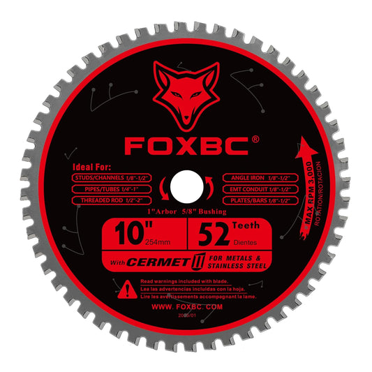 FOXBC 10 Inch Metal Steel Cutting Saw Blade 52 Teeth, 1" Arbor with 5/8" Bushing, Cermet Carbide Up to 5X Longer Life