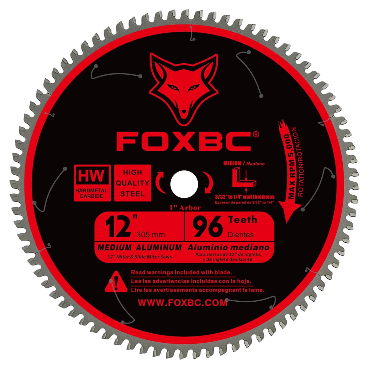 FOXBC 12 Inch Miter Aluminum Saw Blade 96-Tooth TCG for Non-Ferrous Metal & Plastic Cutting with 1-Inch Arbor