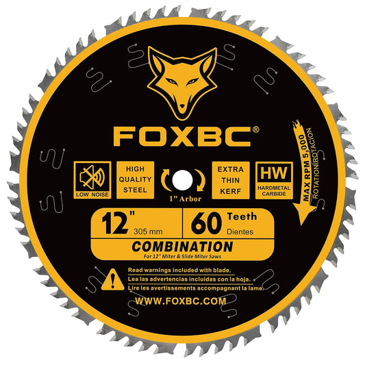 FOXBC 12 Inch Combination Miter Saw Blade, 60-Tooth, Wood Cutting with 1 Inch Arbor
