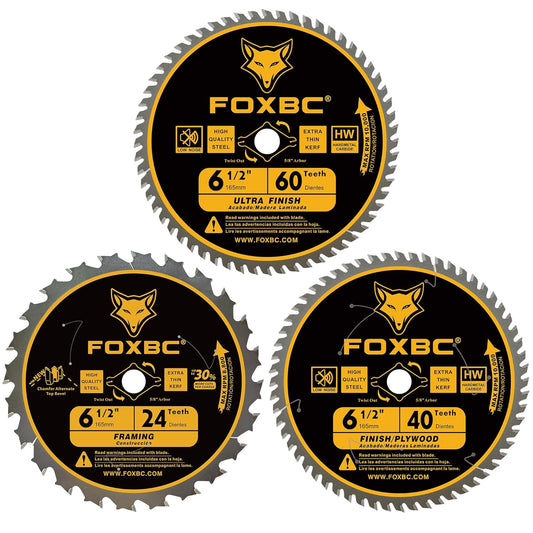 FOXBC 6-1/2 inch Circular Saw Blade 24T 40T 60T Combo Pack, Ultra Fine Finish for Wood Cutting, Thin-Kerf with 5/8" Arbor
