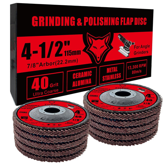 FOXBC 4-1/2 inch Flap Disc for Angle Grinder, 40 Grit, Type 29, Ceramic Grinding and Polishing for Metal, 10 Pack