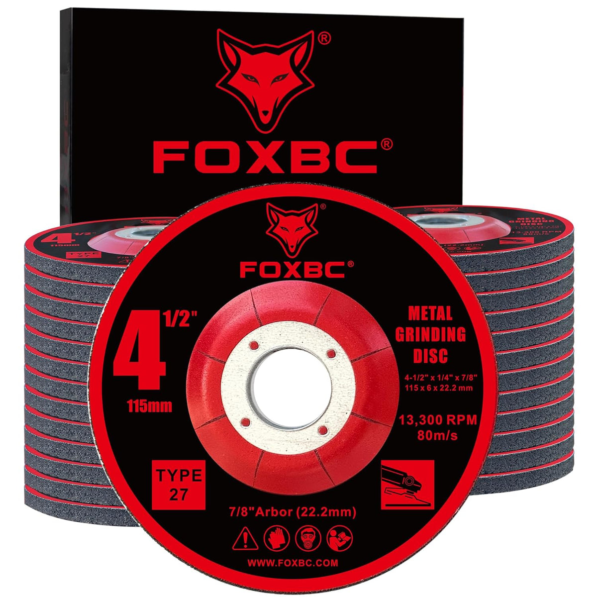 FOXBC 4-1/2 Inch Grinding Disc for Angle Grinder, Aluminum Oxide Grinding Wheel for Metal & Stainless Steel, Type 27, Depressed Center 4-1/2" x 1/4" x 7/8" - 25 Pack