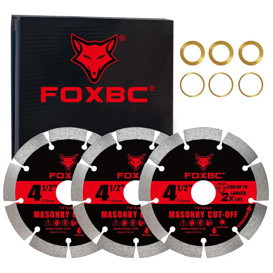 FOXBC 4-1/2 Inch Segmented Diamond Blade for Masonry & Concrete Cut-Off Discs for Angle Grinder, 7/8" Arbor, 3 Pack