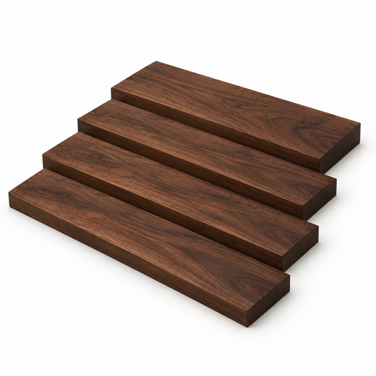 Four black walnut boards in a stepped stadium-style stack