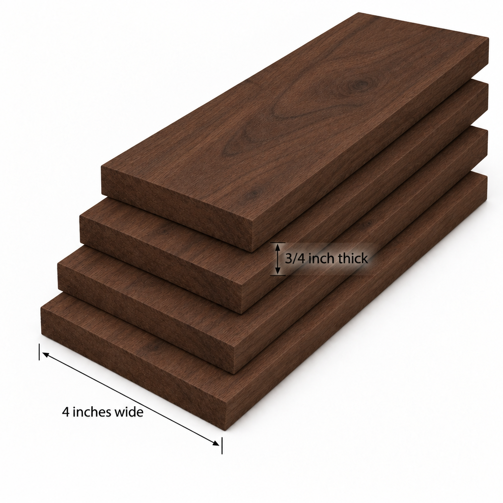 Four black walnut boards with thickness and width labels
