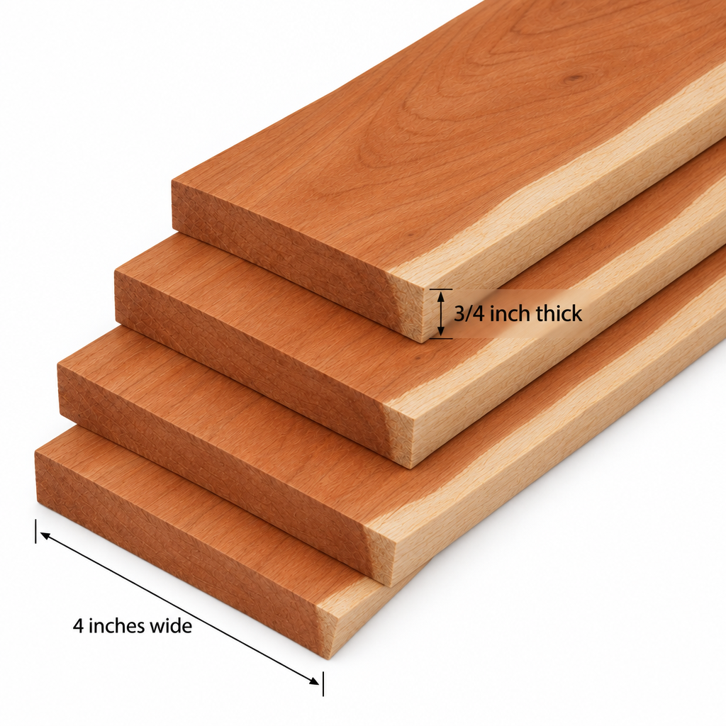 Four cherry boards with sapwood and dimension labels