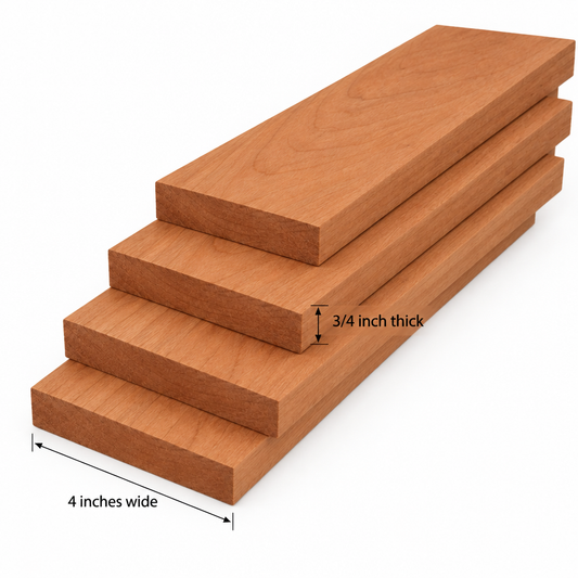 Four cherry heartwood boards with thickness and width labels