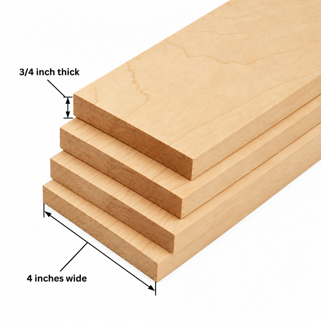 Four maple boards with thickness and width labels