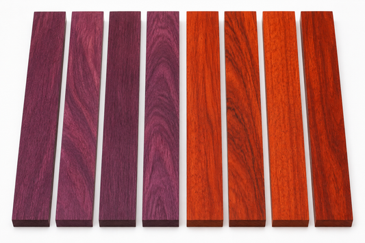 4 Purpleheart and 4 Padauk S4S hardwood boards, 3/4 x 1.5 x 16 inches